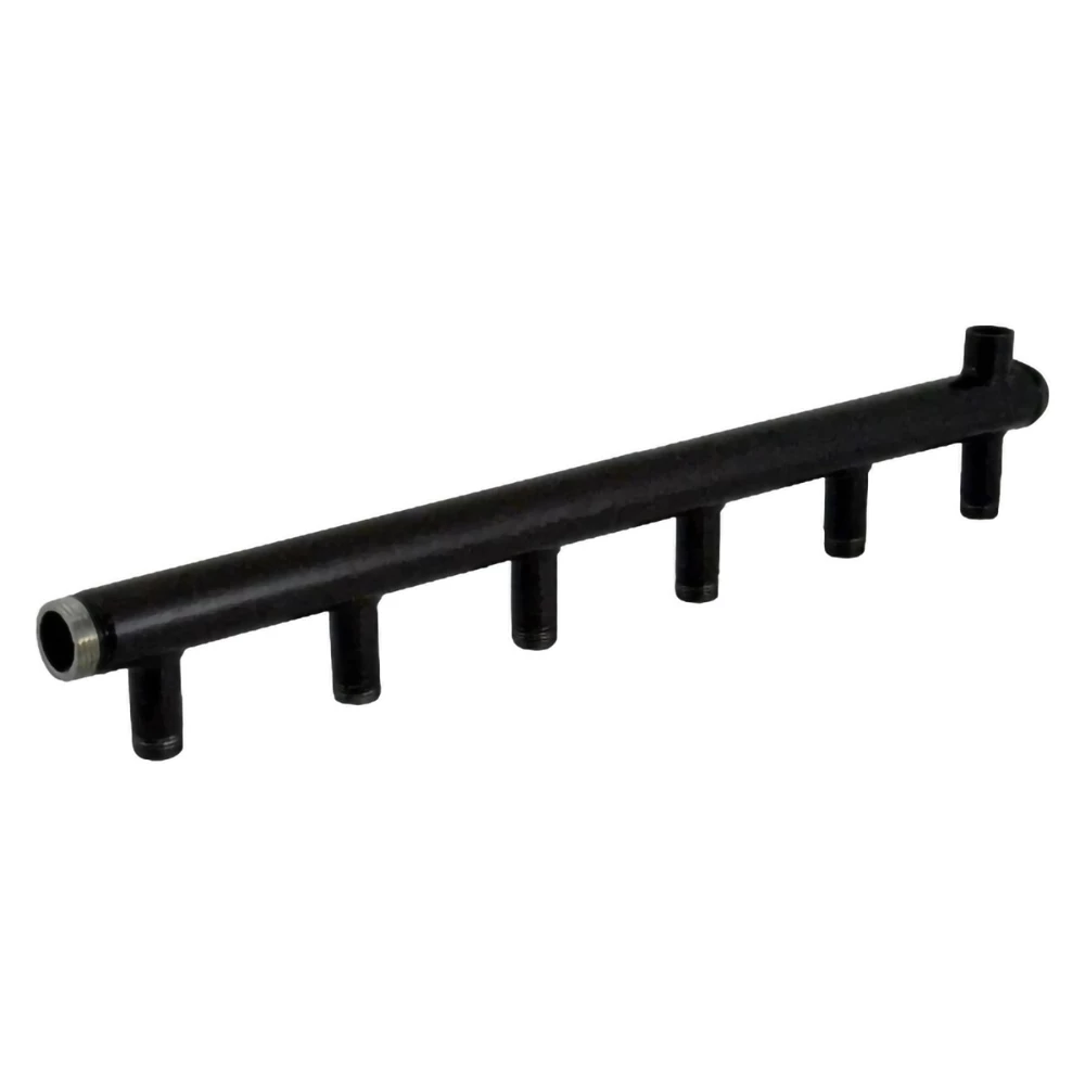 Коллектор Элит Металл EM100 Ду40 Ру10, выходов-3х3/4″ наружная резьба, присоединение - наружная резьба 1 1/4″, межосевое расстояние 100 мм, левое подключение, с бобышкой под импульсную трубку, сталь