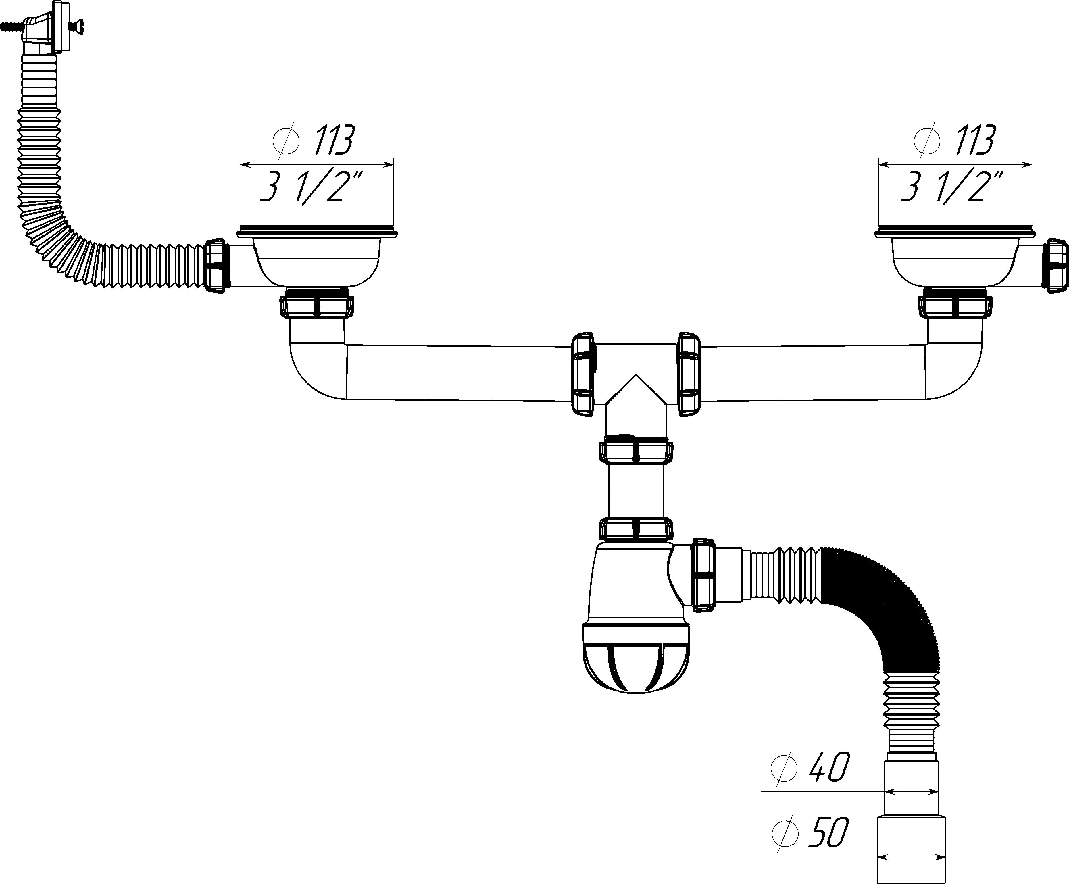 D0148 Сифон для мойки сдвоенный 3 1/2 дюйм x 40 с прямоугольным переливом с гибкой трубой 40х40/50 D0148 Сифон для мойки сдвоенный 3 1/2 дюйм x 40 с прямоугольным переливом с гибкой трубой 40х40/50