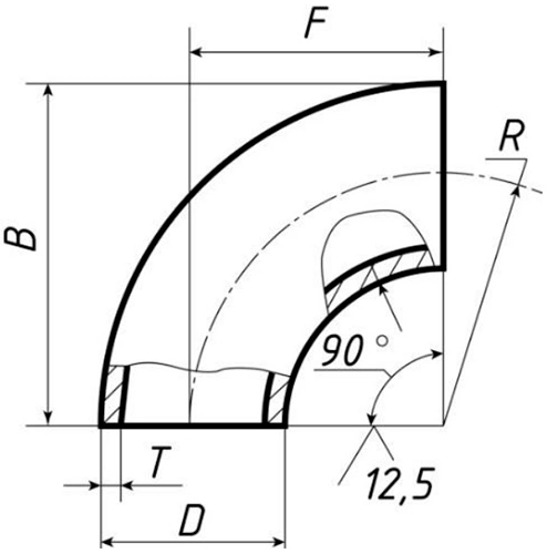 Отвод бесшовный крутоизогнутый 90° Св-Св-Ст20 4″ Ду100 Ру80 ГОСТ 17375-2001 исполнение 2, наружный диаметр - 108мм, толщина стенки - 5мм, корпус - сталь 20, присоединение - под приварку