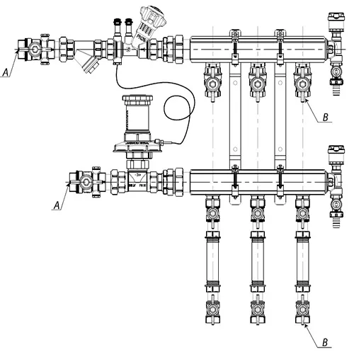 Узел коллекторный отопления Giacomini GE553-B2 1″ Ду40 Ру10 GE553Y624 4 выхода x1/2″, корпус - латунь, этажный, подключение к системе с балансировочной парой