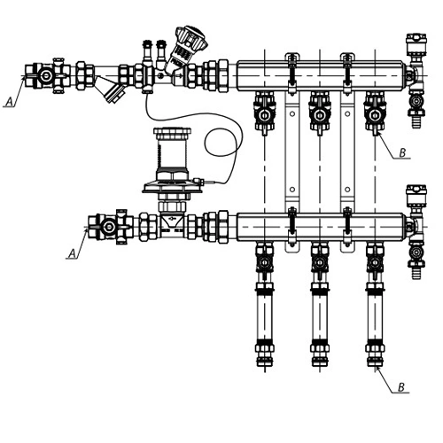 Узел коллекторный отопления Giacomini GE553-B1 1″ Ду32 Ру10 GE553Y115 5 выходов x3/4″, корпус - латунь, этажный, подключение к системе с балансировочной парой